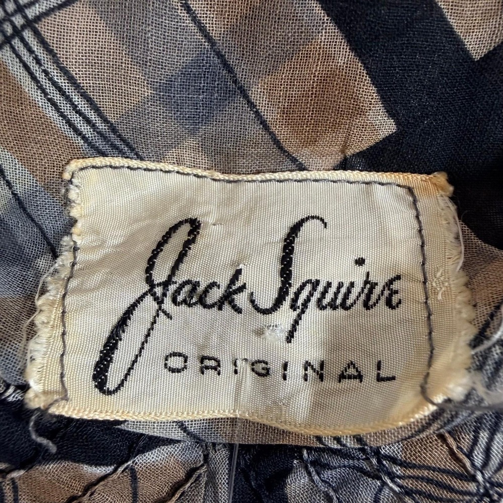 Jack Squire Plaid Dress Womens 1950s Vtg Black Tan Geometric Smocked Rockabilly